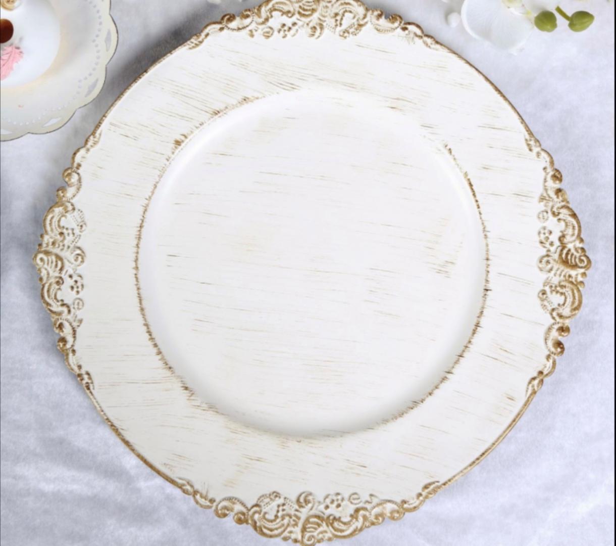 White Round Baroque Plastic Charger Plate $ 2.50